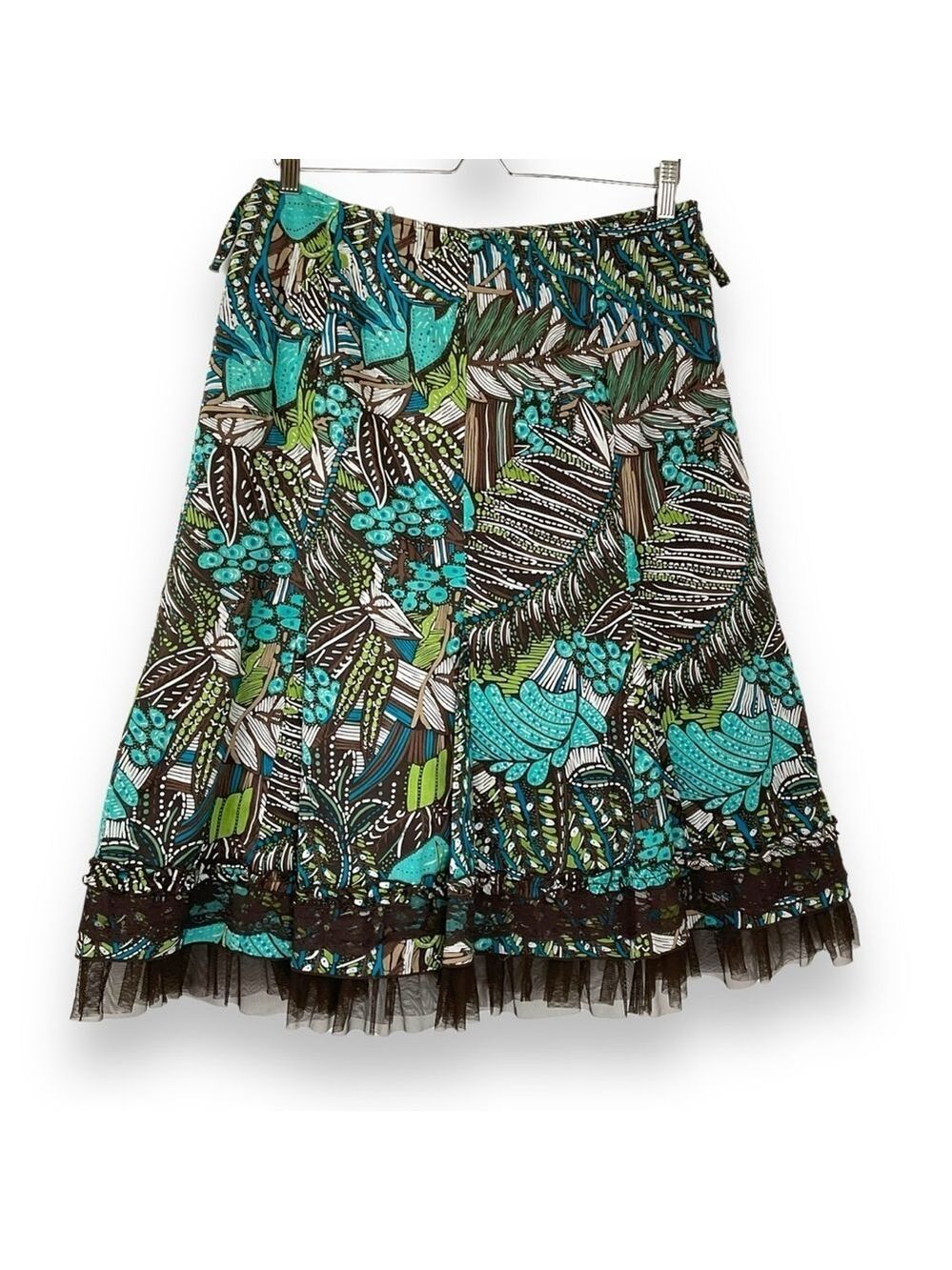 Linea Domani Skirt Floral Midi Blue Brown Turquoise‎ Feminine Ruffle Size 12